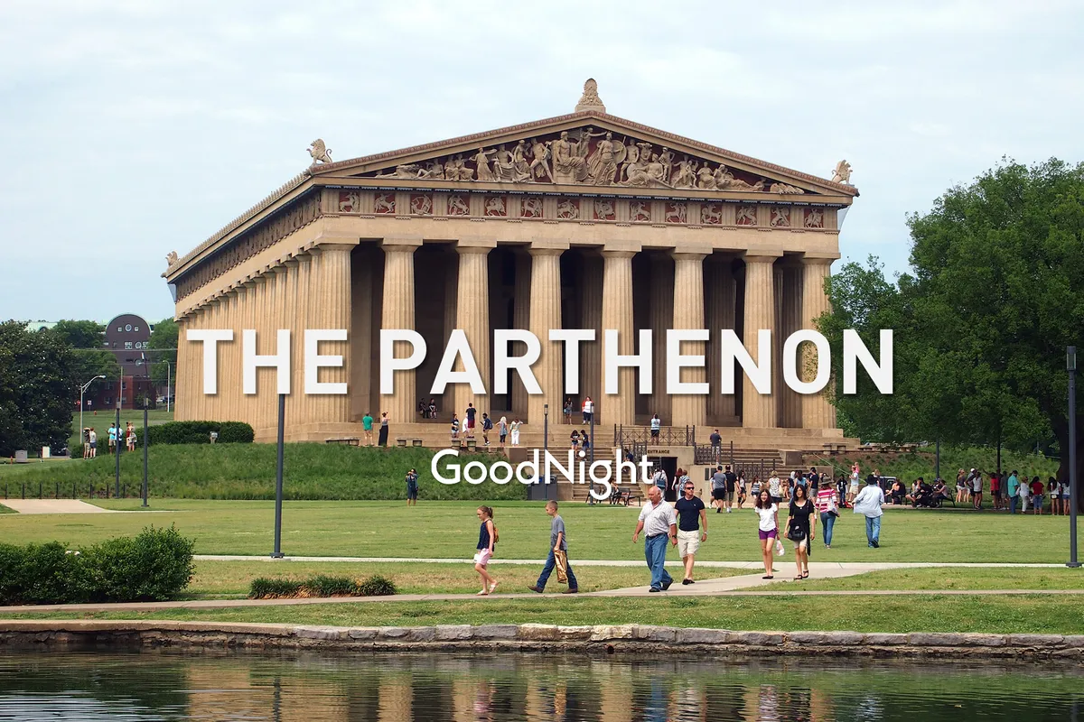 This image captures the iconic Parthenon replica in Centennial Park, with people strolling through the lush green park, some picnicking, and others taking photos beside the reflective water. The scene is lively, communal, and distinctly Nashville.