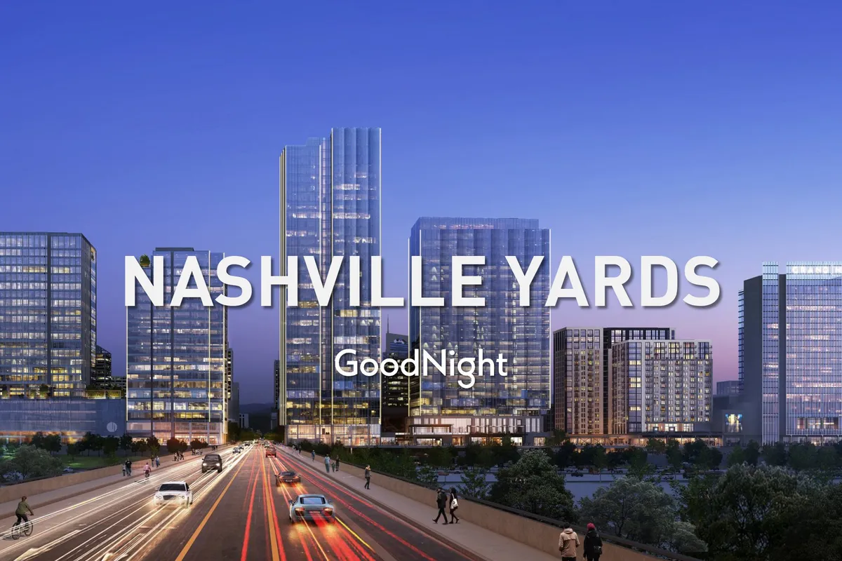This image features the vibrant Nashville skyline at night, with illuminated buildings and lively street activity. The dynamic city lights evoke the energy of the nightlife and the bustling social scene that Nashville is known for.