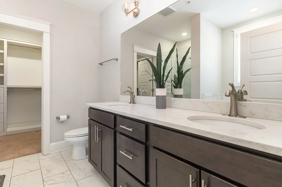 A double sink vanity with a large mirror and stylish potted plants, leading into a spacious walk-in closet. The clean, organized layout highlights both luxury and practical storage.